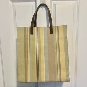 Restoration Hardware Large 15x13x6” Striped Heavy Canvas Leather Handle Tote Bag